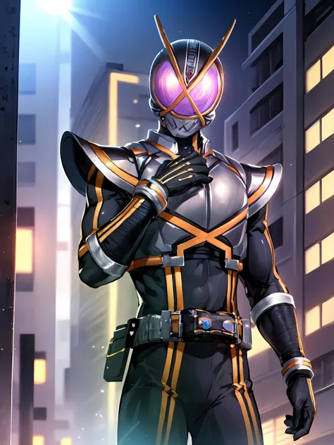 (extremely detailed CG), (best quality), perfect face, shiny skin, lustrous skin solo ,1boy, male focus <lora:Kaixa913-10:0.8> Kaixa913,rider belt,gloves, antennae,black bodysuit,bodysuit, ,belt, armor, helmet,, city background, clenched hands,