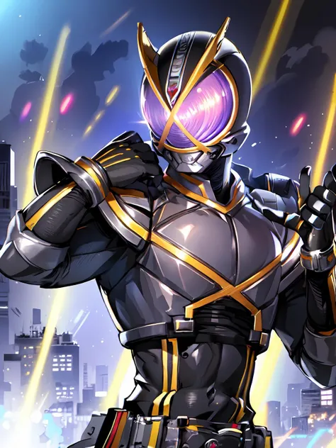 (extremely detailed CG), (best quality), perfect face, shiny skin, lustrous skin solo , <lora:Kaixa913-10:0.9> Kaixa913,rider belt,gloves, antennae,black bodysuit,bodysuit, ,belt, armor,   helmet,, city background,