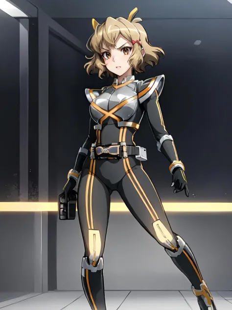 (extremely detailed CG), (best quality), perfect face, shiny skin, lustrous skin,wide hips,   1girl,solo , <lora:Kaixa913-10:0.9> Kaixa913,rider belt,gloves, antennae,black bodysuit,bodysuit, ,belt, armor,   <lora:Hibiki flexible:0.6>thflex ,tachibana hibiki \(symphogear\) (hair clip:1.1) brown eyes,standing angry, glowing ,full body, boots,