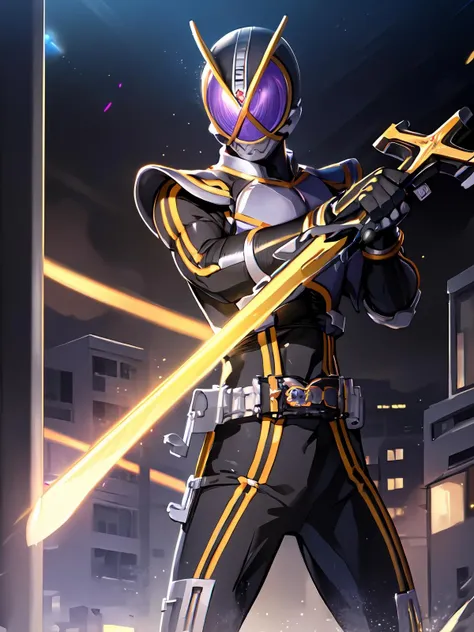 (extremely detailed CG), (best quality), perfect face, shiny skin, lustrous skin solo ,1boy, male focus <lora:Kaixa913-10:0.8> Kaixa913,rider belt,gloves, antennae,black bodysuit,bodysuit, ,belt, armor, helmet,, city background, holding weapon, ,sword, holding sword,