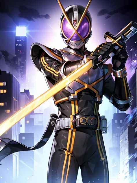 (extremely detailed CG), (best quality), perfect face, shiny skin, lustrous skin solo ,1boy, male focus <lora:Kaixa913-10:0.8> Kaixa913,rider belt,gloves, antennae,black bodysuit,bodysuit, ,belt, armor,   helmet,, city background, holding weapon, ,sword, holding sword,