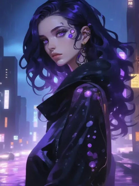 1girl, solo, wavy_hair, black_hair, long_hair, purple_eyes, tattoos, purple_hair,cyborg city, night, rain,  <lora:niniv2:0.7>