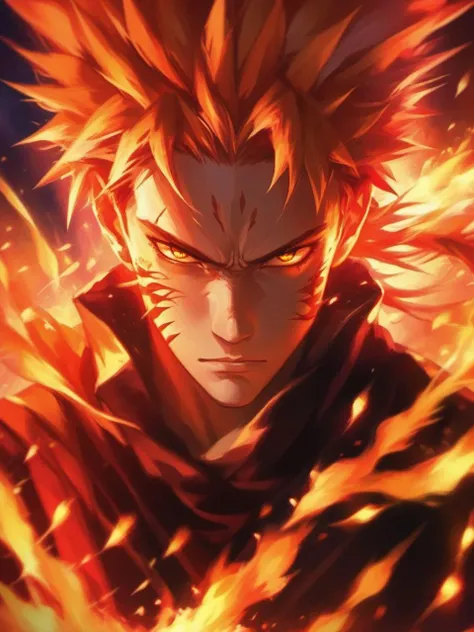 1boy, male_focus, solo, fireplace, spiked_hair,burning, embers, explosion, fiery_hair, fire,  <lora:niniv2:0.7>
