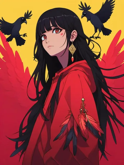 feathers, red_sky, crow, dark_skin, yellow_background, solo, dark-skinned_female, earrings, black_hair, 1girl, long_hair, looking_at_viewer, jewelry, bangs, bird, hood, extra_eyes, earrings, red_wings, female_focus, gradient background, <lora:niniv2:0.7>