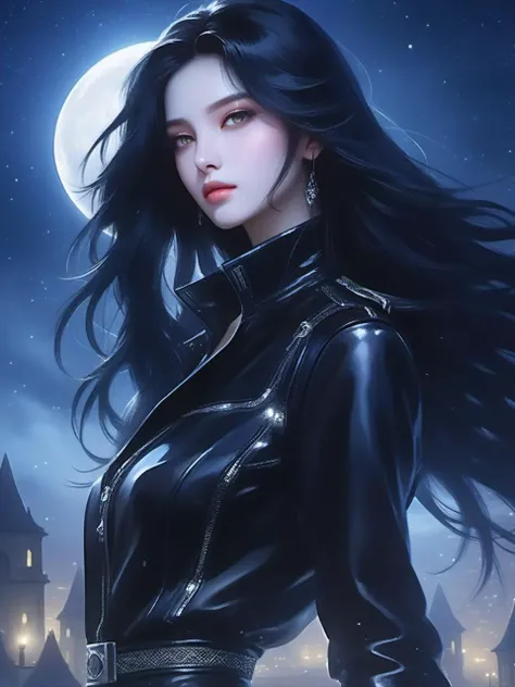 A mysterious young girl with long flowing midnight black hair, dressed in a sleek black leather outfit adorned with silver accents. She stands against a backdrop of misty moonlit ruins, exuding an aura of intrigue and secrecy<lora:niniv2:0.7>