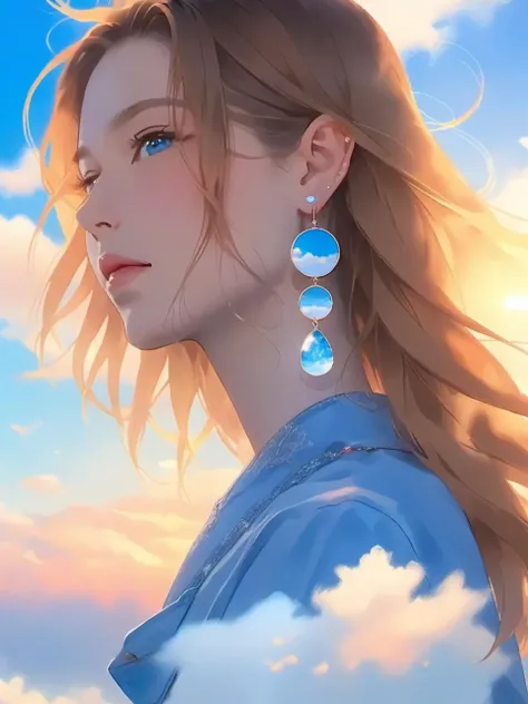 cloud, sunset, sky, sun, cloudy_sky, scenery, earrings, jewelry, blurry, solo, long_hair, upper_body, <lora:niniv2:0.7>