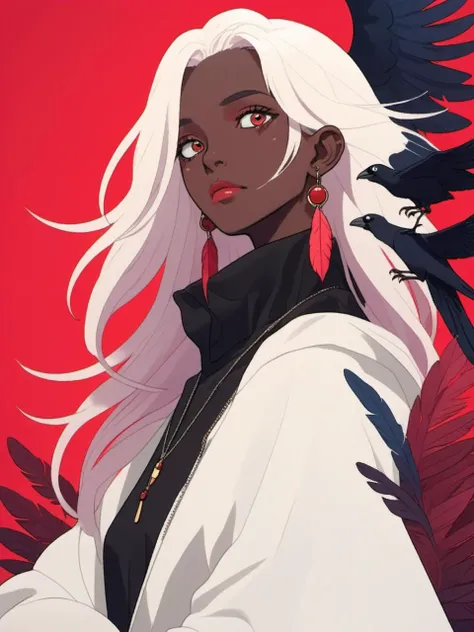 feathers, red_sky, crow, dark_skin, earrings, two-tone_hair, white_hair, asymmetrical_hair, jewelry, multicolored_hair, 1girl, looking_at_viewer, jewelry, bangs, bird, hood, extra_eyes, earrings, red_wings, female_focus, gradient background, <lora:niniv2:0.7>