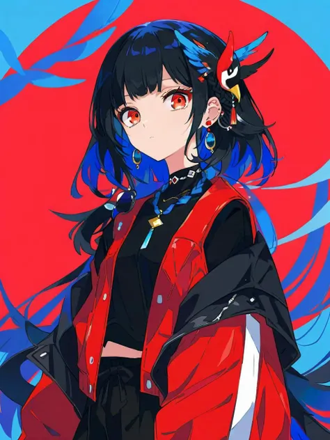 a girl in a red and black outfit with a bird on her head,Senketsu Illustration,portrait of a magical girl,Flat anime style,wearing a tribal outfit,full art illustration,blue cyborg,short twin tails,dribbble style illustration,One Eye Red,jewelry,upper body,earrings,braid,twin braids,necklace,black hair,jacket,long hair,bangs,shirt,red jacket,black shirt,circle,long sleeves,1girl, <lora:niniv2:0.6>