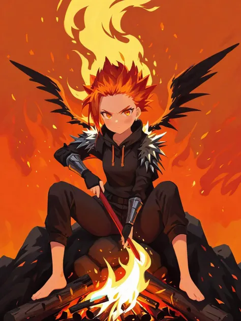 1girl, solo, fireplace, spiked_hair, orange_background, flaming_weapon, molten_rock, campfire, pyrokinesis, fiery_wings, <lora:niniv2:0.4>