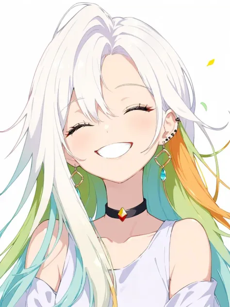 earrings, two-tone_hair, white_hair, asymmetrical_hair, jewelry, multicolored_hair, 1girl, ashiya_douman_\(fate\), long_hair, hair_ornament, closed_eyes, solo, smile, upper_body, <lora:niniv2:0.45>