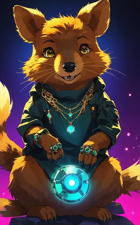 anime, tattoo, glowing eyes, mechanical quokka, solo, quokka, jewelry, ring, earrings, gradient_background, mecha_focus, <lora:niniv2:0.7>