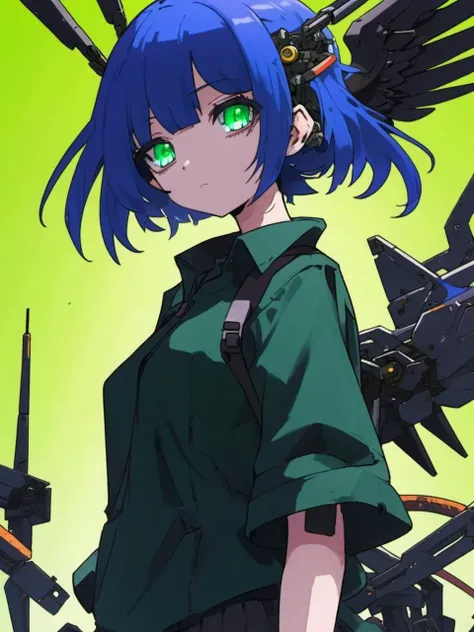 anime, 1girl, dark green eyes, empty eyes, dark blue hair, short hair, mechanized arms, mechanized legs, mechanized wings, energy halo, abandoned building, dark, (intricate),mechanical arms,<lora:niniv2:0.8>