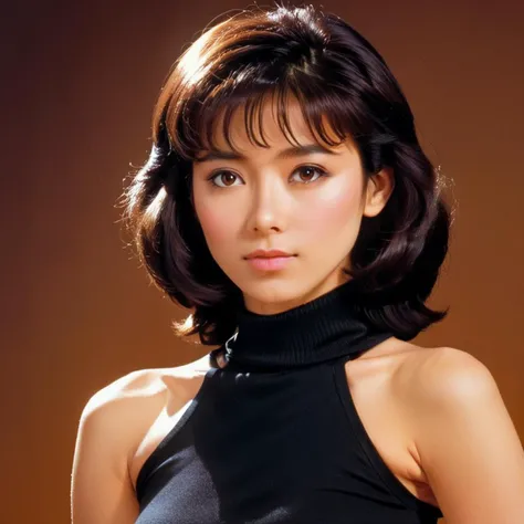 (turtleneck sleeveless),(loose hairstyle),oldschool,woman,1980s,  The image features an anime-style character with dark, shoulder-length hair and brown eyes. The character is depicted with a serious expression and is gazing straight ahead. They are dressed in a black top, and their upper body and one hand are visible. The background is light, displaying a simple tan to light brown gradient. The overall ambiance of the image is solemn and intense, contributing to the character's mysterious aura.
 <lora:jp70:0.7>