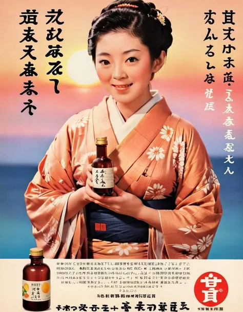 Envision a vintage Japanese health product advertisement from the 1970s. The scene is dominated by a poised and elegant female figure in a traditional Japanese kimono. Her expression is serene, eyes closed with a slight smile, embodying the promise of good health and peace from the product. In her hands, she delicately holds the health productâa small bottle with a classic label, possibly written in Kanji. The background radiates a warm, pastel gradient, capturing the essence of a sunrise or sunset. There's a soft glow around the woman, emphasizing her as the primary focus. Vintage, handwritten-style Japanese calligraphy adorns the top and bottom of the image, detailing the product's name and benefits, <lora:jp70:0.75>