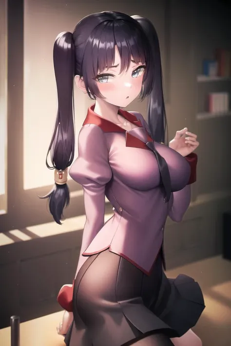 masterpiece, best quality, CG, wallpaper, HDR, high quality, high-definition, extremely detailed, naoetsu, school uniform, skirt, looking at viewer, puffy sleeves, gimona, twintails,