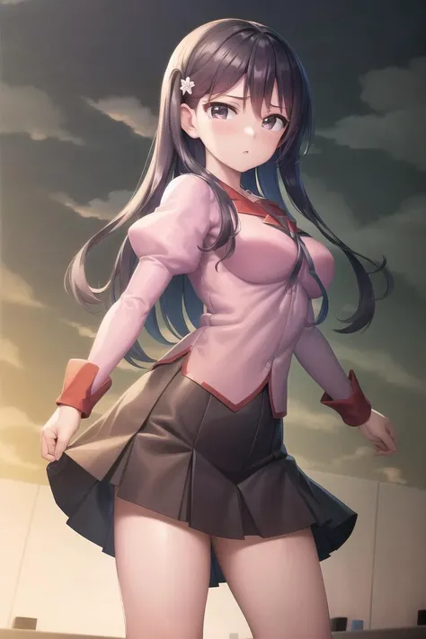 masterpiece, best quality, CG, wallpaper, HDR, high quality, high-definition, extremely detailed, naoetsu, school uniform, skirt, looking at viewer, puffy sleeves,