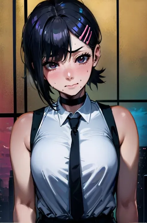 a girl,(kobeni:1.2), barrette, short hair, <lora:CSMGIRLS:0.7>, 1 girl,dark shot, breasts, solo, bare_shoulders, bare_arms, v-shaped_eyebrows, closed_mouth, sky,volumetric lighting, best quality, masterpiece, intricate details, tonemapping, complex background <lora:lowra_v10:0.7>