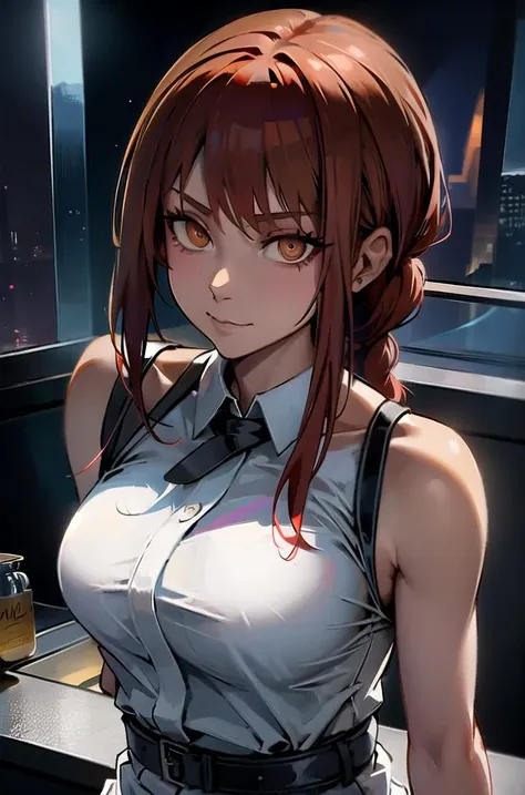 a girl,(makima:1.2), ringed eyes, red hair, <lora:CSMGIRLS:0.7>,