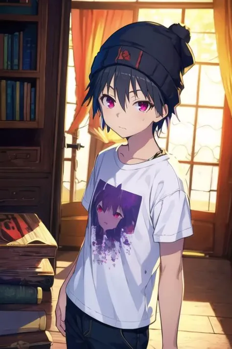 masterpiece, best quality, , 1boy, solo, male focus, looking at viewer, , depth of field, <lora:arata_kasuga:0.76>, arata_kasuga, black hair, purple eyes, red eyes, short sleeve shirt, beanie, ,