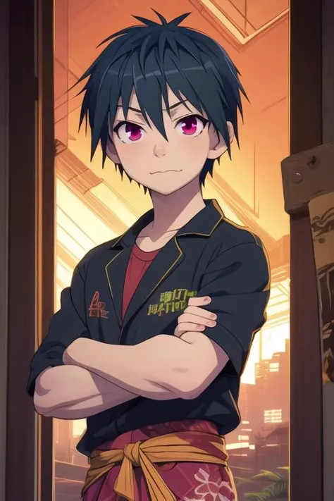 masterpiece, best quality, illustration, 1boy, solo, male focus, looking at viewer, upper body, , <lora:arata_kasuga:0.72>, arata_kasuga, black hair, purple eyes, red eyes, luau costume, science fiction cyberpunk,