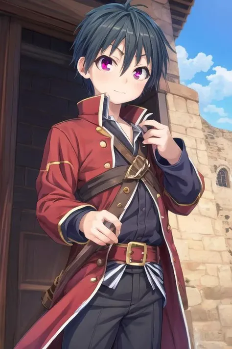 masterpiece, best quality, illustration, 1boy, solo, male focus, looking at viewer, , depth of field, <lora:arata_kasuga:0.68>, arata_kasuga, black hair, purple eyes, red eyes, swashbuckler costume, medieval europe,