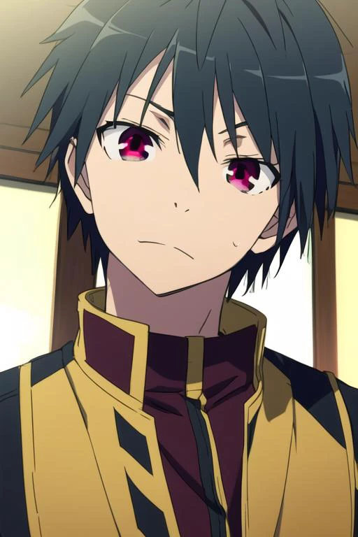 masterpiece, best quality, sketch, 1boy, solo, male focus, looking at viewer, upper body, depth of field, <lora:arata_kasuga:0.72>, arata_kasuga, black hair, purple eyes, red eyes