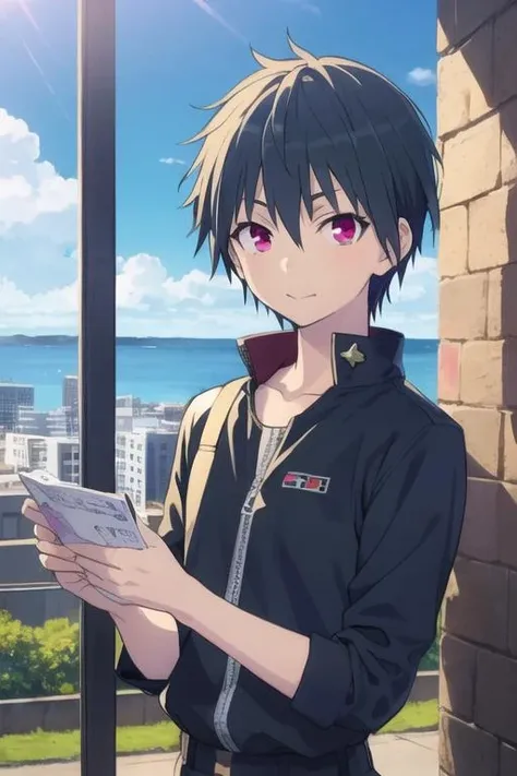 masterpiece, best quality, illustration, 1boy, solo, male focus, looking at viewer, upper body, , <lora:arata_kasuga:0.70>, arata_kasuga, black hair, purple eyes, red eyes, bermuda shorts, , dieselpunk, HDR