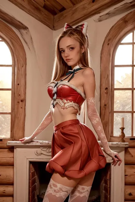 (masterpiece:1.3) (absurdres:1.3) (best quality:1.3) (ultra-detailed:1.3)
(slender:1.3) (thin:1.2) (skinny:1.1)
(very_long_caramel_blonde_hair:1.2) freckles
cabin, fireplace, window
<lora:A GIRL Vira:1> ViraFestive, ponytail, hair bow, santa costume, midriff, white gloves, elbow gloves, (red skirt) white thighhighs
<lora:GIRL Sara James:1>