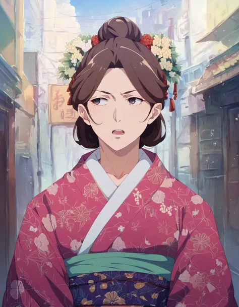 score_9, score_8_up, score_7_up, best quality, masterpiece, 
anime, old woman, solo, nasolabial folds, brown hair, bun, serious, open mouth, kimono, 
looking away, tokyo street, upper body, (facing viewer) 
<lora:anipony_XL:1>