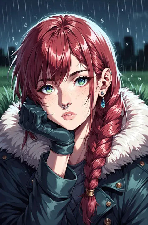 score_9,score_8_up,score_7_up,score_6_up,score_5_up,score_4_up rating_safe, 1girl,solo,long hair,looking at viewer,bangs,blue eyes,gloves,jewelry,green eyes,jacket,upper body,braid,red hair,earrings,outdoors,parted lips,artist name,blurry,lips,coat,fur trim,single braid,night,blurry background,scar,facial mark,piercing,grass,ear piercing,portrait,freckles,rain,head rest,realistic,nose,nose piercing <lora:anipony_XL:0.8>,anime