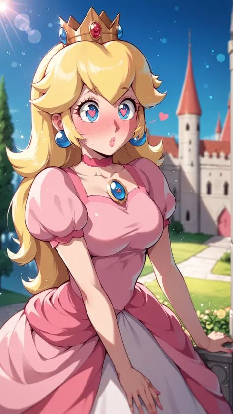 source_cartoon,score_9,score_8_up,score_7_up BREAK very aesthetic,1girl,princess peach,awe,choker,blush,(Perfect Hands),<lora:anipony_XL:0.7>,<lora:add-detail-xl:0.7>,<lora:xl_more_art-full_v1:0.8>,<lora:Perfect Hands v2:1>,heart-shaped pupils,solo,bokeh,light particles,pink dress,outdoors,castle,day,bright,