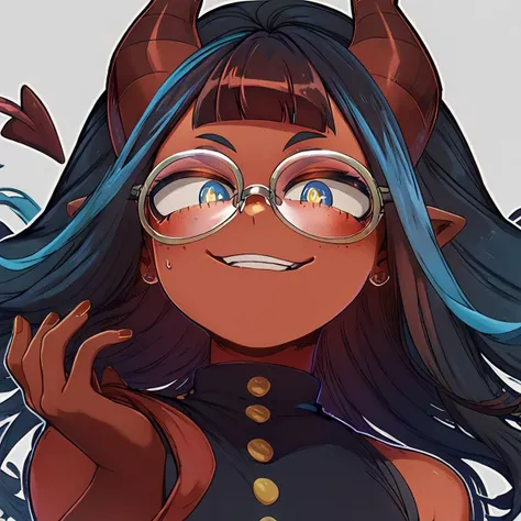 score_9, score_8_up, score_7_up, 1girl, Meru, (/Meru the succubus)/, long black hair with blue highlights, large circular glasses, blue eyes, black pants, my hero academia style