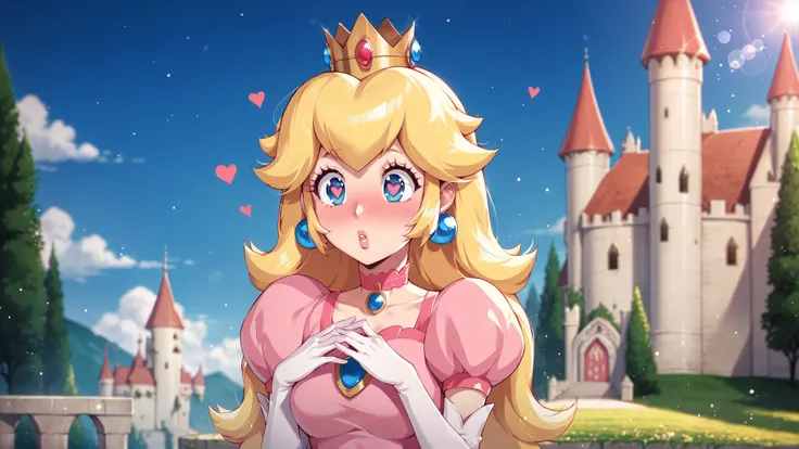 source_cartoon,score_9,score_8_up,score_7_up BREAK very aesthetic,1girl,princess peach,awe,choker,blush,(Perfect Hands),<lora:anipony_XL:0.7>,<lora:add-detail-xl:0.7>,<lora:xl_more_art-full_v1:0.8>,<lora:Perfect Hands v2:1>,heart-shaped pupils,solo,bokeh,light particles,pink dress,outdoors,castle,day,bright,