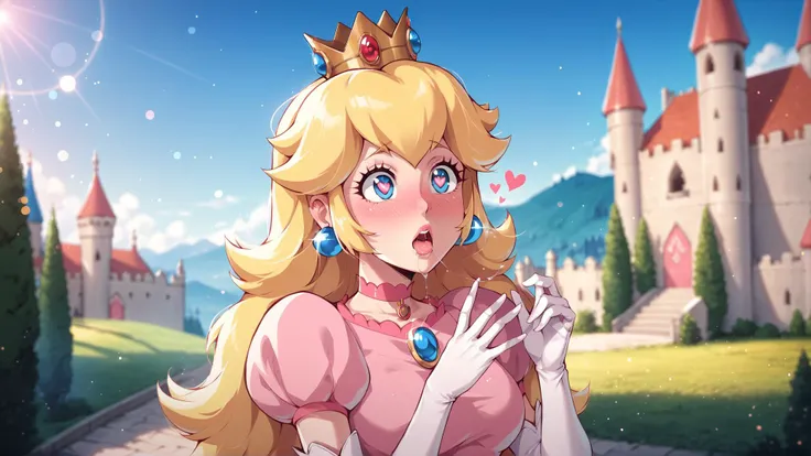 source_cartoon,score_9,score_8_up,score_7_up BREAK very aesthetic,1girl,princess peach,awe,choker,blush,saliva,(Perfect Hands),<lora:anipony_XL:0.7>,<lora:add-detail-xl:0.7>,<lora:xl_more_art-full_v1:0.8>,<lora:Perfect Hands v2:1>,heart-shaped pupils,solo,bokeh,light particles,pink dress,outdoors,castle,day,bright,