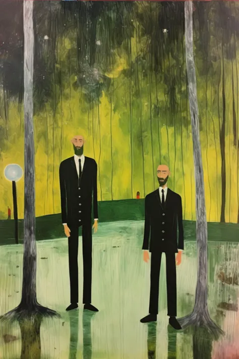 <lora:Sidney Nolan Style:1>Sidney Nolan Style - In the style of Peter Doig. Add people walking in the picture and a person in the foreground.