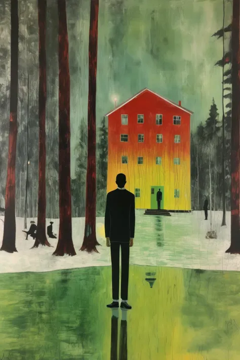 <lora:Peter Doig Style:1>Peter Doig Style - In the style of Peter Doig. Add a person in half figure in the foreground to the right