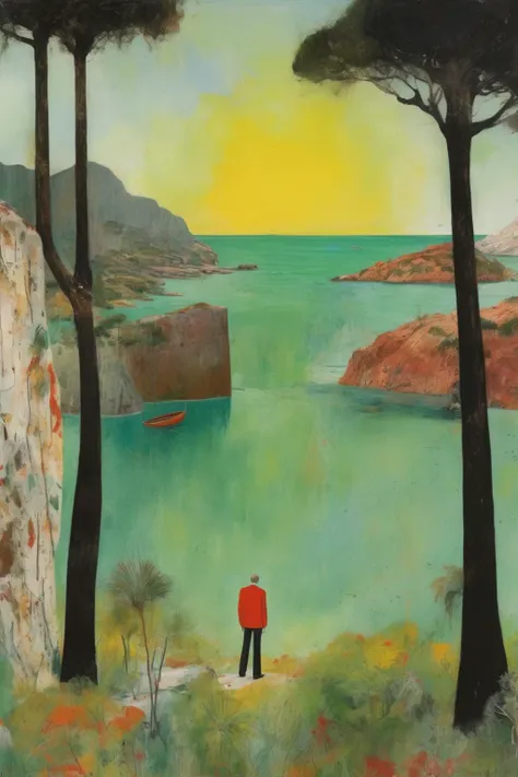 <lora:Peter Doig Style:1>Peter Doig Style - Embark on a visual exploration of Peter Doig's imaginative world as he finds inspiration on the captivating island of Corsica, resulting in a vibrant and evocative painting that captures the essence of this Mediterranean paradise. Imagine a large-scale painting that encapsulates Peter Doig's artistic vision and his encounter with the breathtaking landscapes and cultural richness of Corsica. The composition is a tapestry of vibrant colors, dynamic brushwork, and symbolic elements that blend Doig's distinctive style with the essence of this island gem. The painting portrays a rugged coastal scene, a fusion of Corsica's dramatic cliffs, crystal-clear turquoise waters, and lush greenery. Doig's brushstrokes are expressive, capturing the energy and movement of the landscape. The colors are vivid and alive, reflecting the Mediterranean sun that bathes the island in a warm, golden light. In the foreground, a figure reminiscent of Doig's enigmatic characters emerges, gazing out towards the horizon. The figure is silhouetted against the vibrant backdrop, their posture suggesting a sense of contemplation and connection with the natural surroundings. This central figure represents the artist himself, immersed in the sensory experience of Corsica, seeking inspiration and a deeper understanding of the island's essence. The painting is infused with symbols and motifs inspired by Corsican culture and mythology. Delicate wildflowers that flourish in Corsica's landscape intertwine with elements of local folklore, such as the iconic Corsican flag or the silhouette of a traditional shepherd's hut. These symbols evoke a sense of Corsican identity and add layers of meaning to the composition. The interplay of light and shadow is crucial in the painting, capturing the island's ever-changing atmospheric conditions. Sunlight filters through the trees, casting dappled patterns on the ground, while shadows dance across the cliffs and shoreline, creating a sense of depth and movement. The juxtaposition of light and shadow adds an ethereal quality to the painting, inviting viewers to immerse themselves in its atmospheric charm. Textures play a significant role in the painting, capturing the tactile qualities of Corsica's natural elements. The roughness of the cliffs, the softness of the waves, and the delicacy of the flowers are all rendered with a variety of brushstrokes and impasto techniques. The textures invite viewers to engage with the painting on a sensory level, heightening their connection with the artwork. The overall atmosphere of the painting is one of tranquility and serenity, reflecting the slower pace of life on the island. It invites viewers to escape into the idyllic world of Corsica, to experience its beauty, and to reflect on the intrinsic connection between nature and the creative spirit. Through this painting, viewers are transported to Corsica, joining Peter Doig on his artistic journey through this Mediterranean paradise. It celebrates the allure of the island's landscapes, culture, and mythology, inviting viewers to immerse themselves in its beauty and contemplate the profound influence of place on artistic inspiration. Ultimately, the painting serves as a testament to the transformative power of art and the deep connections between artists and the environments that inspire them. It invites viewers on a Midjourney, encouraging them to explore the magic of Corsica through Peter Doig's visionary lens, and to reflect on the universal human longing for connection, beauty, and artistic expression.