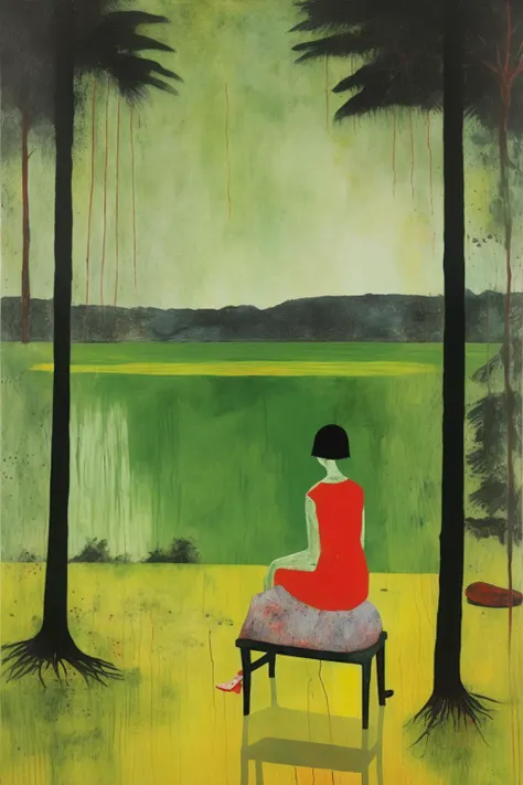 <lora:Peter Doig Style:1>Peter Doig Style - A landscape painting in the style of Peter Doig, including a seated woman with a large chest and red lips