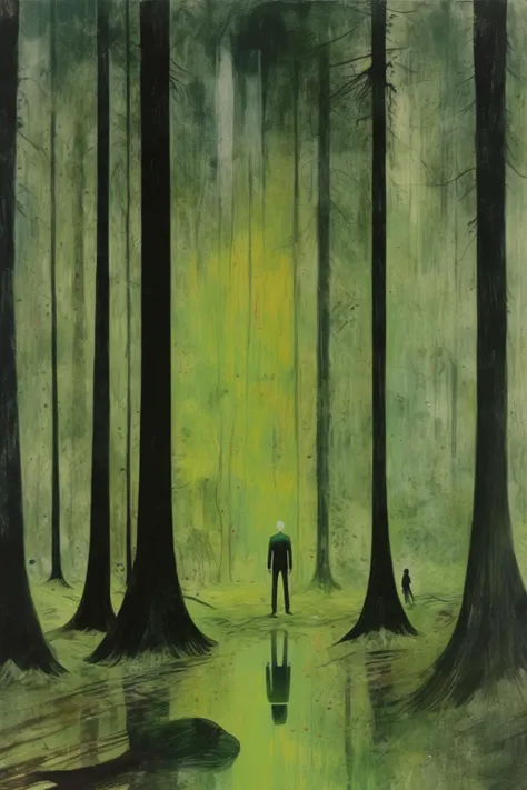 <lora:Peter Doig Style:1>Peter Doig Style - concept art for the sinister middle of the forest painted