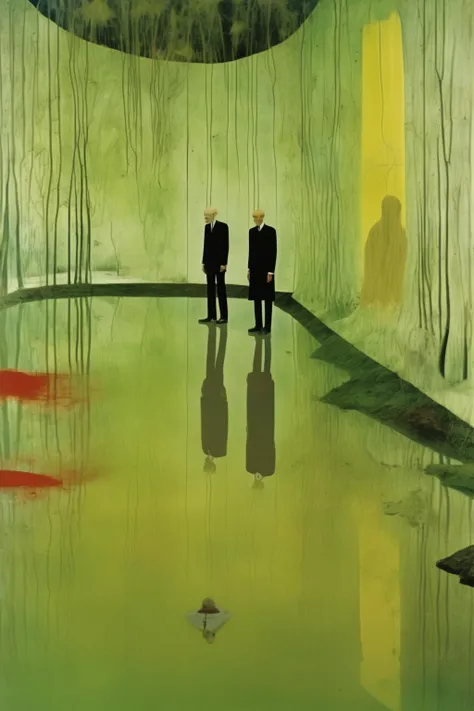 <lora:Peter Doig Style:1>Peter Doig Style - An outstanding color photograph by Peter Doig in collaboration with Marcel Duchamp. In the photo you can see Valeria visiting a place is full of beautiful and fascinating archetypical figures that emerge from the very depths of the human condition and our collective subconsciousness, they gathered to unveil us the very place where Art comes from / Set up: