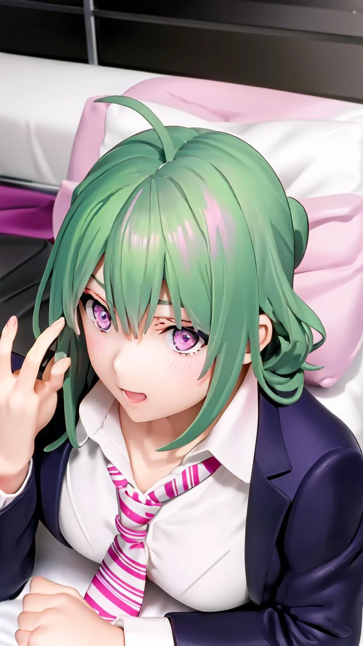 masterpiece, best quality,
vivid colors,
1girl, (solo)
(21 years old, 21y.o, adult)
green hair,
pink eyes
ahoge hair,
office suit, necktie, pants
bedroom, bed, lying down, lying on back
comedy, funny,
<lora:yukiyoshi_mamizu:0.7> YUKIYOSHI MAMIZU