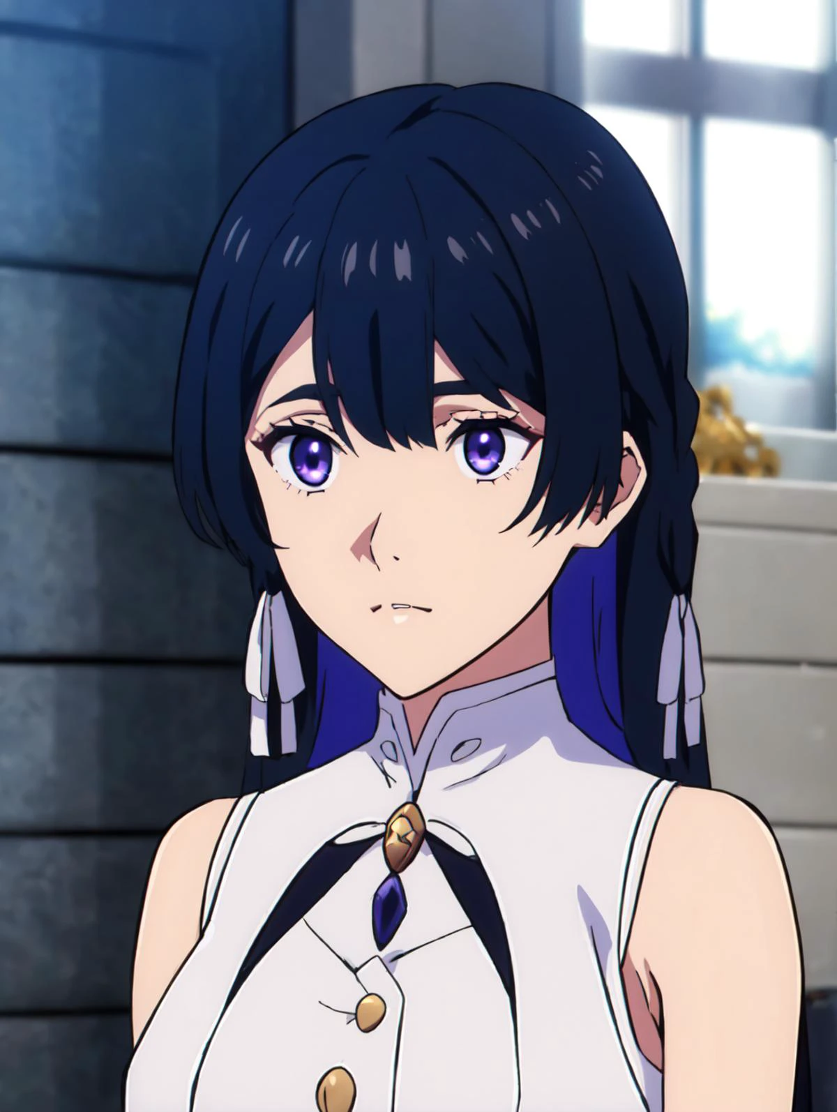 maserpiece, best quality,
<lora:tinasha.sd15.v3:0.75>
tinasha , black hair,purple eyes,
1girl,solo, white vest,
white dress,sleeveless, golden brooch,
<lora:yukiyoshi_mamizu:0.7> YUKIYOSHI MAMIZU