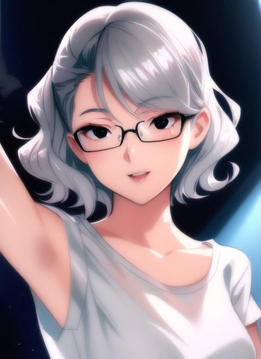 (best quality:1.0), young 1girl, stunningly attractive, perfect feminine face, (cute:1.2), silver hair, wavy hair, short hair, happy, playful, (white t-shirt), detailed background, black eyes, highres, dynamic angle, (cinematic lighting:1.2), (by Range Murata:1.0), (by Taka Tony:1.0), by Jeremy Lipking, cowboy shot, glasses

 <lora:yukiyoshiMamizuStyle_1:0.65>