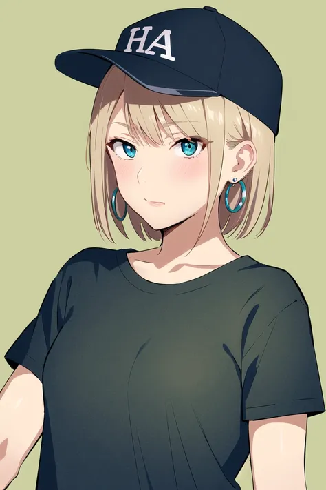 yukiyoshi mamizu,  masterpiece, best quality, 1girl, blush, aqua eyes, baseball cap, blonde hair, closed mouth, earrings, green background, hat, hoop earrings, jewelry, looking at viewer, shirt, short hair, simple background, solo, upper body, yellow shirt  <lora:yukiyoshi_mamizu:0.7>