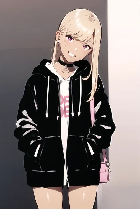 yukiyoshi mamizu, kitagawa marin,
1girl, :d, bag, black choker, black jacket, black socks, blonde hair, blue nails, choker, dark-skinned female, dark skin, earrings, fingernails, portrait, outdoors, grin, gyaru, handbag, head tilt, hood, hood down, hoodie, jacket, jewelry, leather, leather jacket, long hair, long hoodie, looking at viewer, nail polish, open clothes, open jacket, pinky ring, magenta eyes, simple background, sleeves past wrists, smile, solo, white hoodie
 <lora:yukiyoshi_mamizu:0.7>