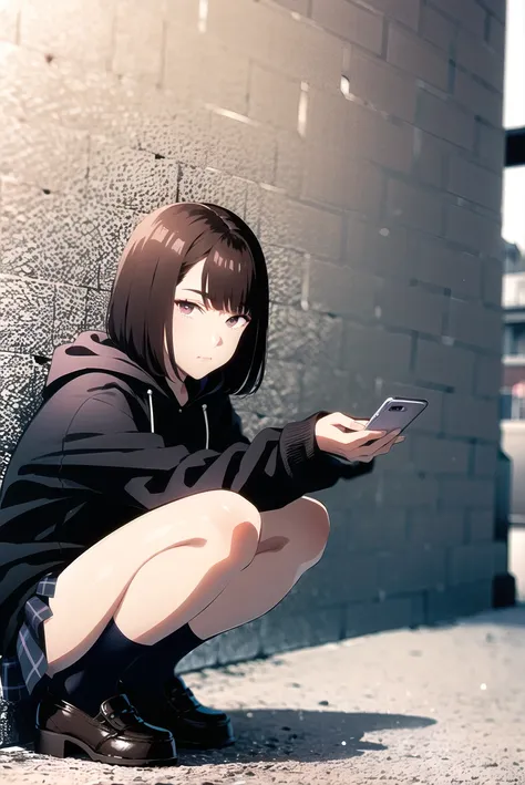 Anime girl sitting on the ground with her cell phone - SeaArt AI