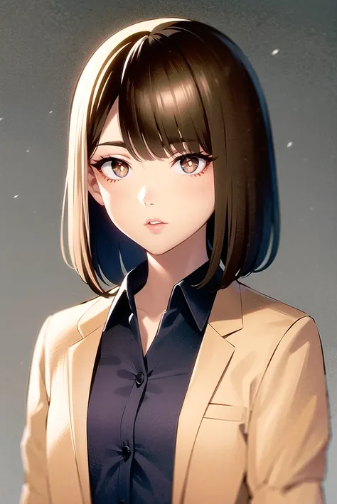 yukiyoshi mamizu, 

1girl, black cardigan, bob cut, bright pupils, brown eyes, cardigan, collared shirt, grey background, jacket, medium hair, parted lips, shirt, simple background, solo, white pupils, white shirt, wing collar, yellow jacket

 <lora:yukiyoshi_mamizu:0.5>