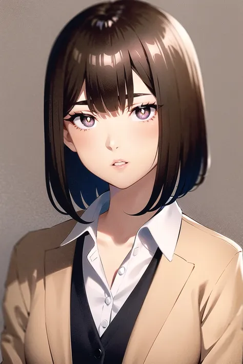 yukiyoshi mamizu, 

1girl, black cardigan, bob cut, bright pupils, brown eyes, cardigan, collared shirt, grey background, jacket, medium hair, parted lips, shirt, simple background, solo, white pupils, white shirt, wing collar, yellow jacket

 <lora:yukiyoshi_mamizu:0.5>