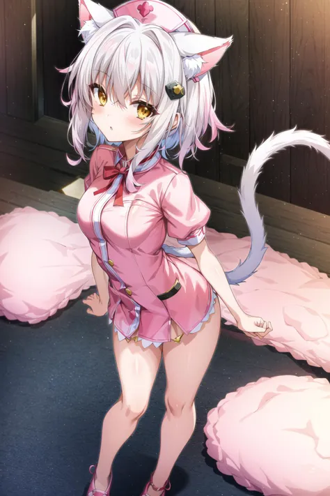 Koneko Toujou (DXD), 1girl, cat ears, nurse, nurse cap, cat tail, pink nurse outfit. small breasts, standing
