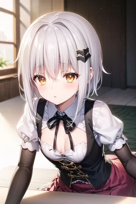 1girl, white hair, short hair, yellow eyes, small breasts, cat hair ornament, sidelocks, grey hair, shiny hair, school uniform, (golden eyes:1.2),(vest-corset on stomach with 2 long triangular extensions over the skirt), white buttons on vest-corset, (stripped shirt with short sleeves under the vest-corset), (the edges of the sleeves are close to the arms), (black colored thick ribbon on neck), (short magenta colored skirt),